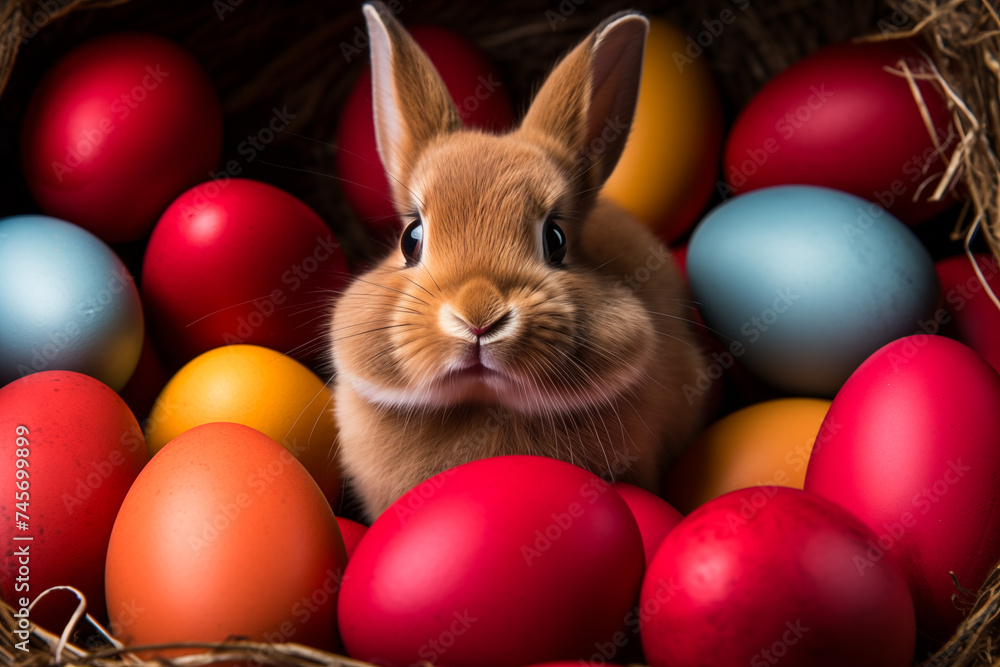 Easter bunny and colored easter eggs
