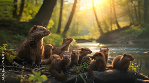 Mink family in the forest with setting sun shining. Group of wild animals in nature. © linda_vostrovska