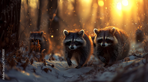 Racoon family in the forest with setting sun shining. Group of wild animals in nature. © linda_vostrovska