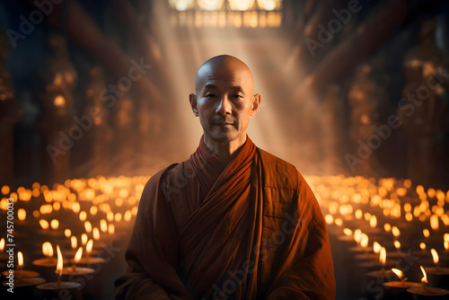 Buddhist monk in meditation on temple background