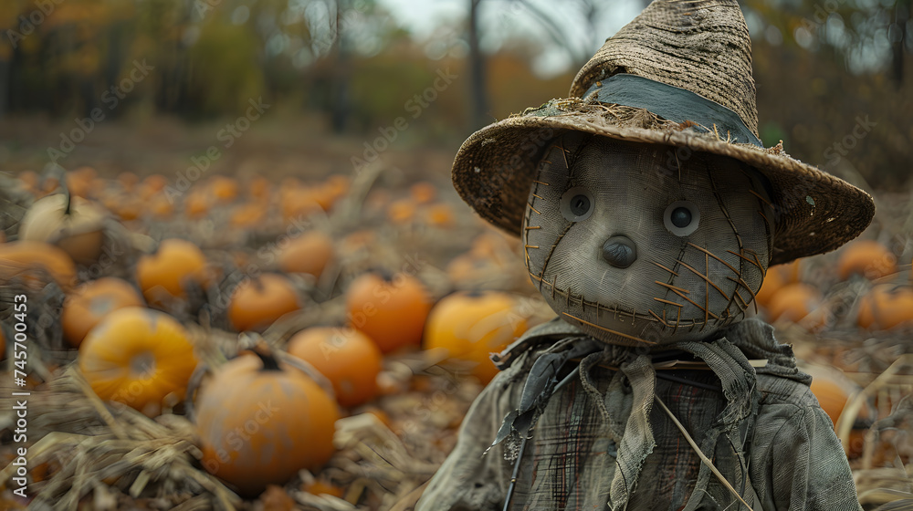 Obraz premium A scarecrow, with pumpkins scattered around as the background, during a rural autumn scene
