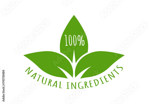 Natural product icon or label with leaf. 100% Organic food, natural ingredients sticker with leaves. Vector illustration.