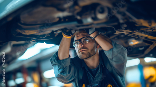 Car mechanic worker wearing a blue uniform and a cap, standing under the car in a modern garage room, and repairing or fixing automobile vehicle parts. Technician service and maintenance occupation