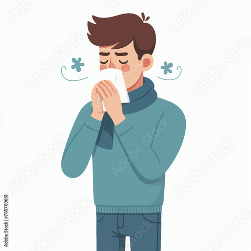 flat design illustration of a man covering his mouth with a tissue when sneezing