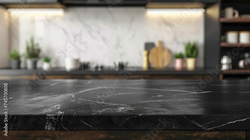 Ideal for product presentations, a modern black marble tabletop stands out against a blurred kitchen background. photo