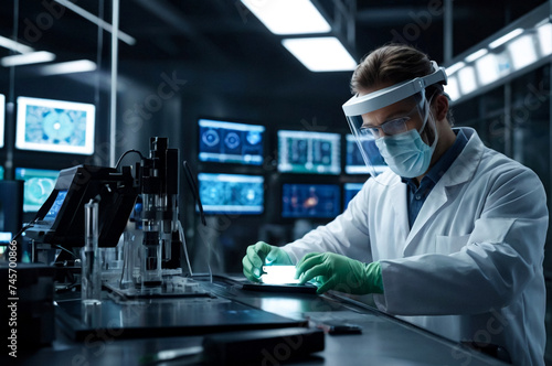 Focused scientist in protective gear working in a high-tech lab environment. Scientist in cleanroom suit conducting research