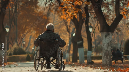 A photo captured from behind of a grandpa in a wheelchair, with a blurred park background