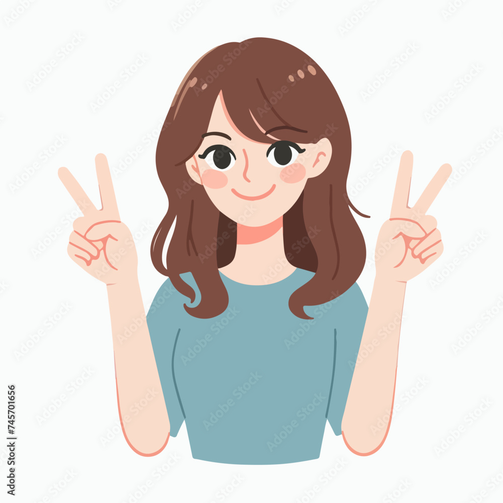 flat design illustration of a close up expression of a beautiful girl smiling with a two finger hand pose flat design illustration of a close up expression of a beautiful girl smiling with a two finger hand pose