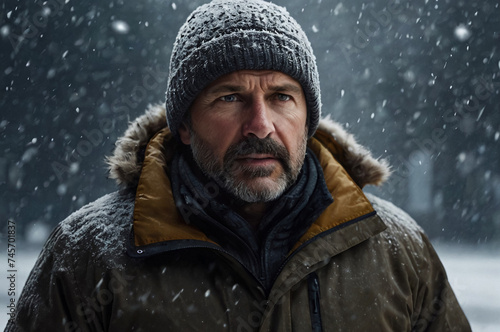 A determined middle-aged caucasian man braving harsh winter conditions in a snowy snowstorm. Showcasing his rugged. Snow-covered beard and intense gaze while wearing winter clothing with a fur hood