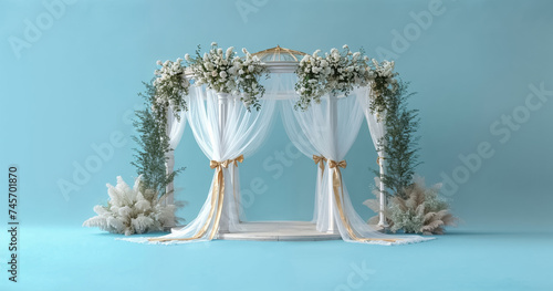kiosque décoré pour un mariage avec drapé et fleurs blanche, fond uni turquoise photo