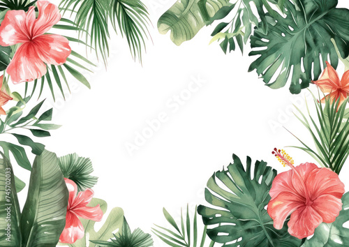 Hand drawn watercolor tropic flowers border. Summertime lovely floral element illustration  mockup. Trendy colourful summer background. For print  cloth  package  postcard  brochure  book