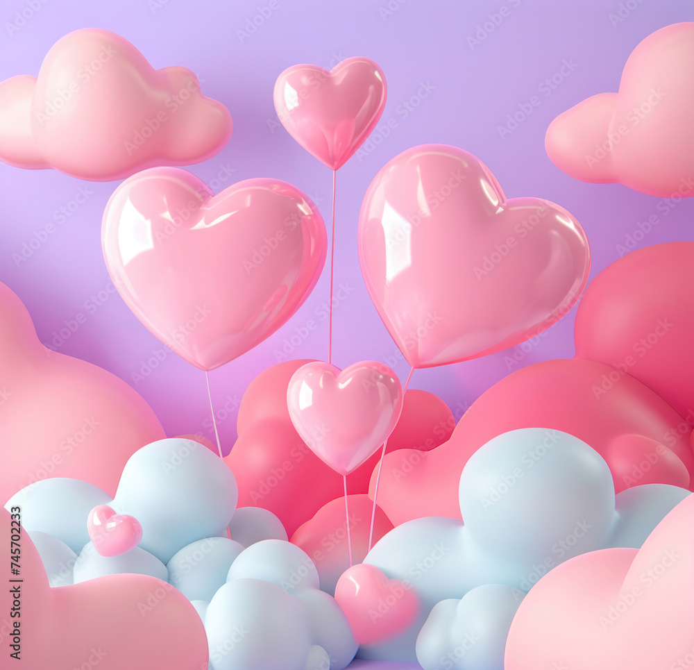 Pastel coloured abstract shiny heart background. Vivid fashionable glossy heart cutout on pink background. 3d colorful illustration for valentine, marriage, wedding concept