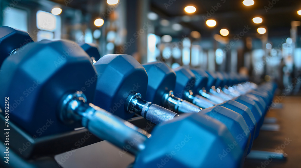Closeup row of blue dumbbells in a modern gym interior room or workout club indoors. Training and exercise equipment, healthy lifestyle, weights for strength training, nobody, copy space Closeup row of blue dumbbells in a modern gym interior room or workout club indoors. Training and exercise equipment, healthy lifestyle, weights for strength training, nobody, copy space
