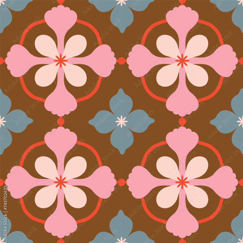 Beautiful seamless pattern with geometric floral tile. Vector texture in ceramic tile style with simple flowers and abstract shapes. Repetitive decorative background Beautiful seamless pattern with geometric floral tile. Vector texture in ceramic tile style with simple flowers and abstract shapes. Repetitive decorative background
