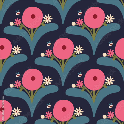 Beautiful seamless floral pattern in retro style. Cute blossoming bouquet texture. Vector background with hand drawn flowers and bees