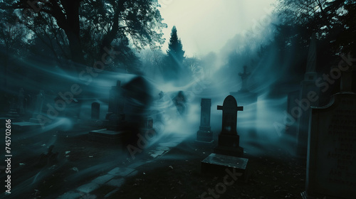 Eerie Ghostly Apparitions Captured Moving Through an Old Misty Cemetery at Dusk: Paranormal Activity and Haunting Concept