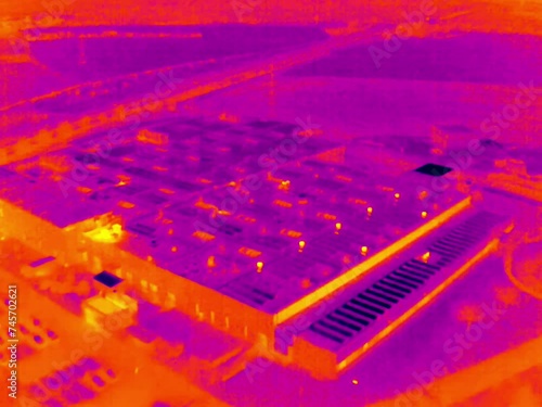 Aerial infrared thermal view of industrial zone with factories and warehouses, in purple and yellow hues
 photo