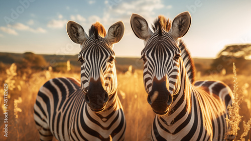 Zebras stehen im hohen Gras  Gruppe von Zebras im Sonnenuntergang in der Savanne