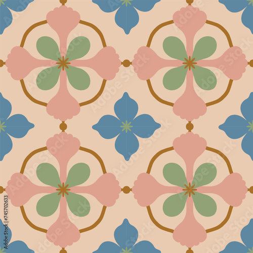 Beautiful seamless pattern with geometric floral tile. Vector texture in ceramic tile style with simple flowers and abstract shapes. Repetitive decorative background