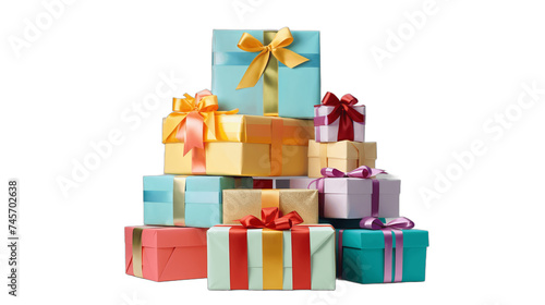 A stack of colorful presents with ribbons and bows on a solid white surface. 