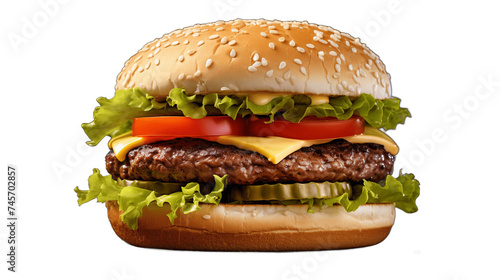 A juicy hamburger with lettuce, tomato, and cheese on a solid white background. 