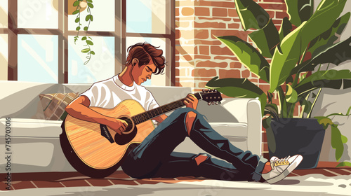 Vector illustration a man sitting on the floor, leaning against a sofa as he plays an acoustic guitar.