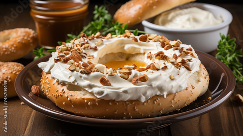 Freshly baked bagel with a crispy crust and butter. Concept of healthy breakfast