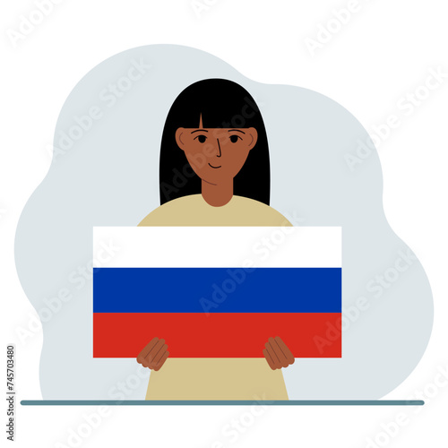 A woman holds a Russian flag in his hands. The concept of demonstration, national holiday or patriotism. Nationality. Vector flat illustration