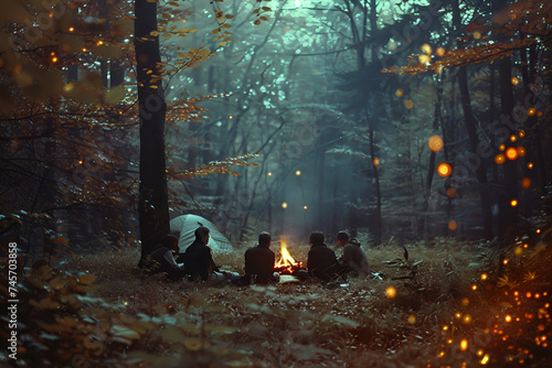 back view of people sit around a campfire in a forest  Generative AI