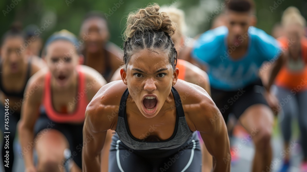 Intense Female Athlete Leading Pack in Outdoor Fitness Competition with Determination and Focus Intense Female Athlete Leading Pack in Outdoor Fitness Competition with Determination and Focus