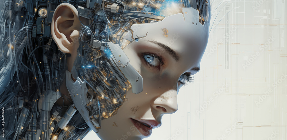 Konzept Künstliche Intelligenz, Maschinenlernen eines humanoiden Roboters, Cyborg, Mesch Maschine Kombination