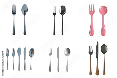Spoon fork and knife set collection in 3d png transparent using for presentation.