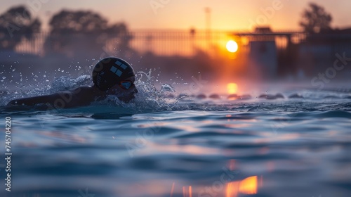 Competitive Swimmer Training at Sunrise in Outdoor Pool, Athletic Swim Workout © pisan