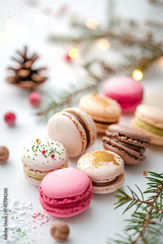 beautiful curated French macarons baked cafe bakery patisserie with winter christmas spice flatlay background in different colorful flavours magazine editorial photography pastry, dessert seasonal 