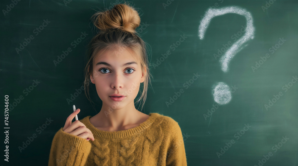 A beautiful young teenage girl with curious and thoughtful face expression. Female teen student standing in front of the blackboard. Thinking of an idea, question mark drawing, innovation, solution