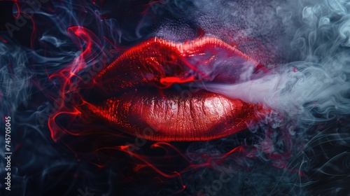 closeup of woman female lips with smoke from cigarette
