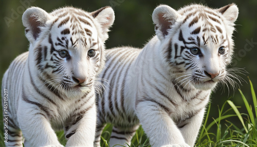 two white tiger cubs exploring