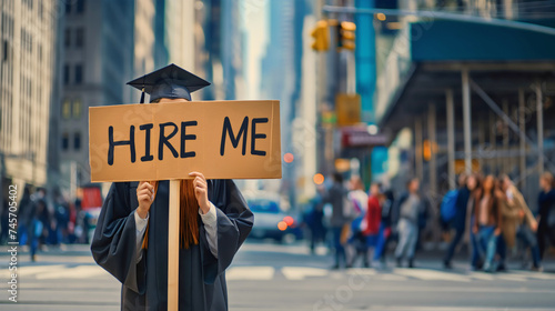 Female student wearing a graduation gown and a cap, young teenage girl standing on a city street and holding up a sign with text 