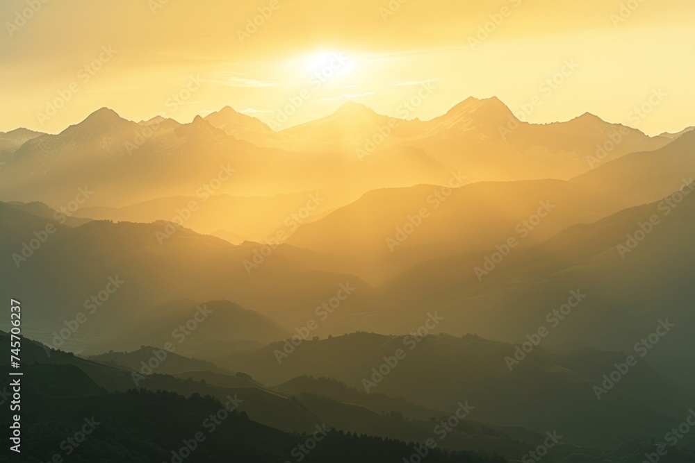 The beauty of mountains unfolds under the warm tones of a summer sunset