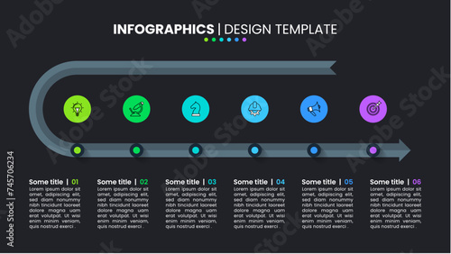 Infographic template. Dark line with arrow and 6 steps