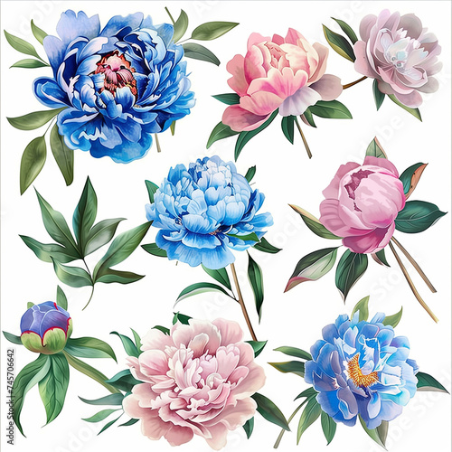 Set of Pink and Blue Peony Bloom Isolated on White Background. Collection of watercolor floral branches, flowers and plants in vintage style.