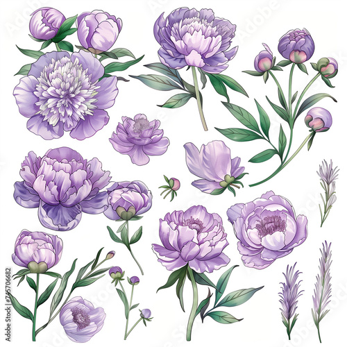 Set of  Purple Peony Bloom Isolated on White Background. Collection of watercolor floral branches  flowers and plants in vintage style.