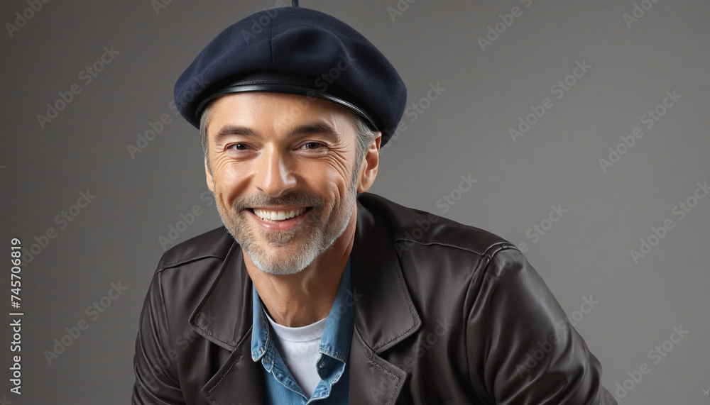 Mature and attractive man smiling dressed in a fashionable beret