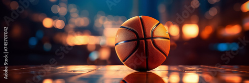 Konzept Banner Basketball, leuchtender Hintergrund, Basketballkorb, glänzender und leuchtender Boden