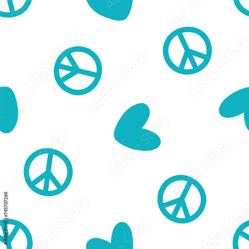 Seamless pattern with blue hearts and peace symbols