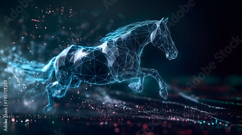 Digitales Pferd aus Netzwerkknoten, Konzept Trojaner im Netzwerk, Cyber Security