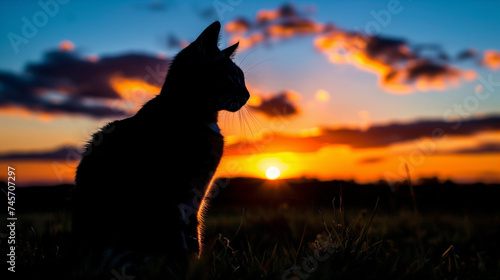 Silhouette of a Cat Against a Setting Sun: Captivating Wide-Angle View of a Feline at Dusk with Vibrant Sunset Skies in the Background