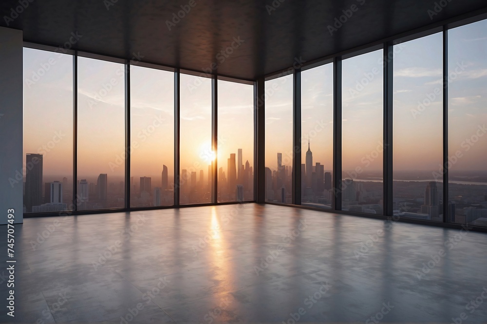 Fototapeta premium Empty modern interior space or Empty Business Office Interior with skyscraper city view in sunset