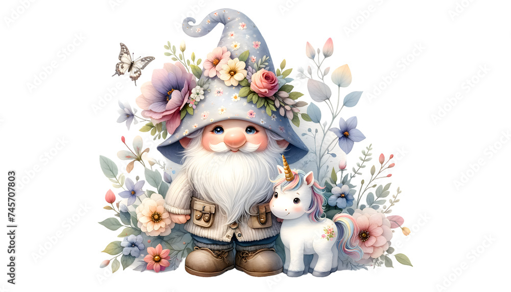 Watercolor gnome and unicorn on white background.