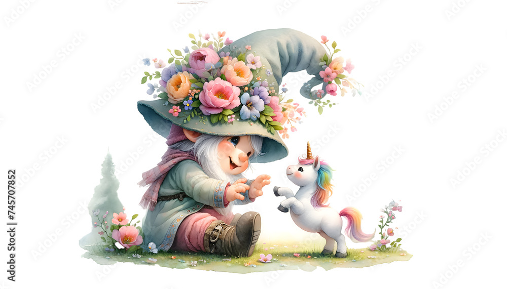 Naklejka premium Watercolor gnome and unicorn on white background.